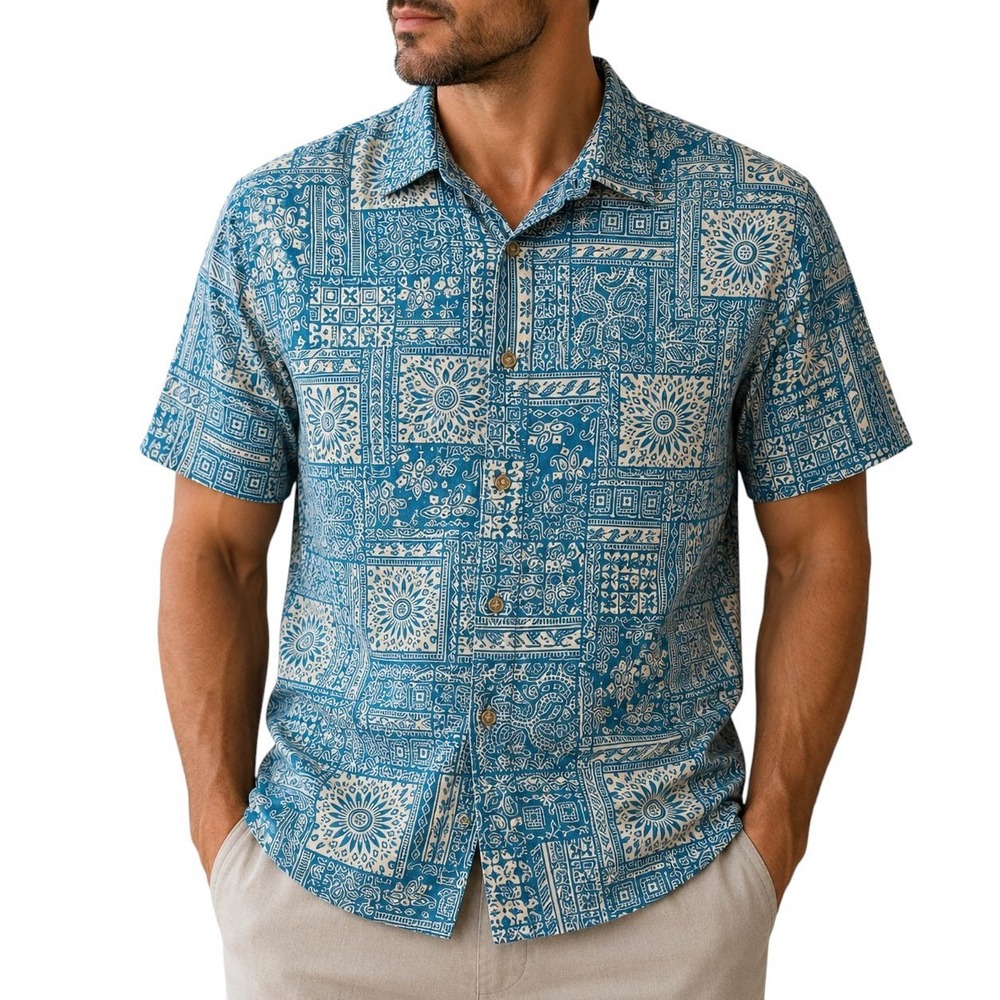 Cooke Street Mens 2XL Blue Patchwork Paisley Floral Cotton Hawaiian Shirt